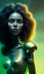 Placeholder: alien, girl, cute, beautiful, curly hair, black hair, green skin, brown eyes, turquoise dress, head and shoulders portrait, 8k resolution concept art portrait by Greg Rutkowski, Artgerm, WLOP, Alphonse Mucha dynamic lighting hyperdetailed intricately detailed