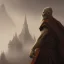 Placeholder: Portrait of a monk, fog, distant temple, profile, grim, dark, Frank Frazetta, Greg Rutkowski, hyperdetailed, dnd, trending on Artstation, Splash screen art, dynamic lighting, hyperdetailed, intricately detailed, a masterpiece, 8k resolution, high contrast, bearded,