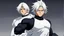 Placeholder: Satoru Gojo is a young tough guy white hair blue eyes black turtleneck without arms white loose pants in a defensive pose