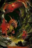 Placeholder: a huge red dragon guarding af treasure. inside a cave. style of Larry Elmore.