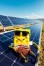 Placeholder: Spongebob lying on a solar panel, sunbathing, sunglasses on, solar farm in the background