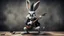 Placeholder: photorealistic deppressed dark melancholic sad Bugs bunny with blackeye deppressed doing music rock and roll dark heavy metal on a scene alcoholic, ciggaretes sad ciggarets