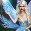 Placeholder: Fantasy fairy with transparent wings, smiling, make up, long platinum blond hair with crown and flowers, blue dress, flower background