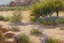 Placeholder: Sunny day, trees, flowers, rocks, arid land, vegetations, distant rocky mountains, sci-fi, willem maris, and otto pippel paintings