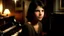 Placeholder: In a dark room a 16 year old girl who looks like young Julia Ormond with smooth short bob cut and bangs. She is playing on piano in a new year party.
