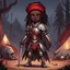 Placeholder: Abadi is female with dark skin pulled up dreads with a red headband and is a injured redguard soldier in silver and gold armor guarding a camp in the dead of night against vampires, in chibi art style