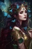 Placeholder: Burgundy hair, dark hair,dark red , rapunzel hair,very long hair,dark fairy princess,elven crown,night,dragonflies,beautiful,ong ashes,golden armor ,sparkle,night blooming,ivy,dark green,lilly of valley,golden elven crown