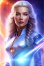 Placeholder: cosmic young woman admiral from the future, one fine whole face, large cosmic forehead, crystalline skin, expressive blue eyes, blue hair, smiling lips, very nice smile, costume pleiadian, rainbow ufo
