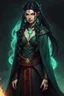Placeholder: Beautiful young Hexblood warlock female character. Long straight jet-black hair to the waist. Half-up hairstyle with two loose Dutch braids on each side. Bright glowing pale emerald-red eyes. Delicate face. High cheekbones. Full lips. Soft smile. Faint dark vine markings on face and neck. Black long cloak. Scars, markings and tattoos. Carry a genie lamp. Realistic dark fantasy. Highly detailed. Cinematic lighting.