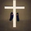 Placeholder: Man kneeling at the foot of a huge cross