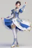 Placeholder: ballerina outfit, blue, blue and white tones, with gold patterns in the style of genshin impact