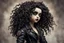 Placeholder: full color, illustration of a dark, menacing, curly haired, black leather clad motorcycle girl, tall and willowy , as a decayed, broken, crude homemade cloth doll toy, with a cracked porcelain face, thick dark eyebrows, hair made from ragged strips of cloth, in the style of Nadya Sheremet