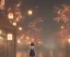 Placeholder: misty foggy area with a geisha in the middle of a bright japanese city at night