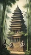 Placeholder: An old temple surrounded by bamboo trees with big ancient statues in India with monkeys here and there climbing , Busch painting style nightmare