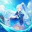 Placeholder: Clear focus, 8k, beautiful lighting, vibrant colors, girl, light blue hair, long hair, white eyes, ponytail, messy hair, water magic,