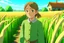 Placeholder: A Russian girl looks at a green wheat field and walks and looks at me smiling, and in front of us is a rural village studio ghibli