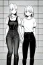 Placeholder: an elegant girl and another dressed in jeans and a T-shirt walk in Tokyo, line arts, greyscale