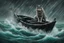 Placeholder: A giant lumbering grey wolf attacks a tiny boat in a stormy sea, a dark, ominous image, black, turquoise (a little closer to green) and white colours, rain, wind, lightning, dynamic, surreal. And a cat. Definitely a cat.