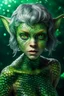 Placeholder: airbrush with pen outline, an intense alluring gremlin smeagol alien mermaid with wet short grey hair tucked behind ears, she has green eyes and light freckles. her entire body is covered in gradiated dark to light green mottled hexagon scales that transistion into skin at neck, , inside space ship with much technology and wild colorfull green plants