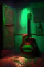 Placeholder: dramatic, art nouveau acoustic guitar with 6 steel strings, an 80s music jukebox with a soft red glowing light behind it. An emerald green wall behind the guitar and jukebox. A splintered wood plank floor below the guitar and jukebox with beer stains on the floor. a dart board on the wall. slightly smokey atmosphere