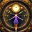 Placeholder: a girl going inside a big clock portal, a clock as a time travel machine, glowing, luminescent, realistic, intricately detailed, meticulously detailed