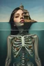Placeholder: surrealistic painting depicts a woman submerged in water, with only her face visible above the surface. Her hair is dark brown with blonde highlights, and her eyes are a warm brown. Below the waterline, her torso is replaced by a skeletal ribcage entwined with translucent, organic root-like structures and dried leaves, revealing the internal decay beneath the skin. The upper part of the painting features a dilapidated, light-colored building with multiple levels and a dome, seemingly floating on