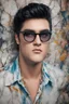 Placeholder: Elvis Presley, Lucy Hale Hybrid, thick, black framed, dark tinted, cat-eye eyeglasses, 4k UHD, photorealistic, bright, extremely colorful, multicolored, foggy, gradated marble wall background, extremely detailed skin texture,