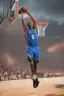 Placeholder: 8k, highly realistic and detailed image of a NBA basketball player in action dunking the ball in the net, sweaty hair, screaming look,action and smoke and flames background