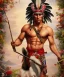 Placeholder: Guaicaipuro, native american god warrior, long black hair, big muscles, red feathers headdress, shirtless, holding a stone tip spear