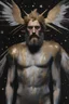 Placeholder: Otherworldly, George Baselitz Iris Van Harpen handsome young stoic bearded ZEUS open the clouds starry skies thunders, detail faces and body parts, total body-paint glitter, back view