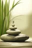 Placeholder: delicate background with spa stones and bamboo stem, in the background there is a balancing female figure statue, photorealistic photo