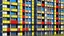 Placeholder: estilo de Mondrian arquitectonico 2K. fachada de edificio con balcones que son cajas de hormigon cerradas. cuadricula de ladrillo con ventanas que no siguen patron -- 8k