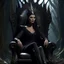 Placeholder: Morena Baccarin as a beautiful sexy dark elf queen seated elegantly on a throne in a mystical forest