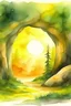Placeholder: The sun and the forest are visible from the cave. watercolor drawing.