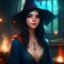 Placeholder: pretty girl, black hair, conventionally attractive, bright clothes, realism, dreamy, tight top, sorcerer, magic