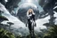 Placeholder: Wide angle photo of a slim sci-fi woman with blond hair, wearing a silver and black futuristic spacesuit looking android-like, standing on an alien cloud tree jungle planet