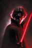 Placeholder: Anakin Skywalker, dark and ominous aura, red lightsaber, tall, coruscant background