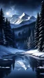 Placeholder: dark winter night,fir forrest scenery,,forest,christmas,night,snow,fir tree,night ,stars,mountain valley,cloud,frozen river reflections,photorealistic