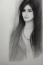 Placeholder: Pencil sketch of Young woman look through the window , Arab features,sad, long wavy hair, full body، on lined paper