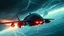 Placeholder: a high definition screen shot of a jet-fighter vw-beetle, retrofuturistic, phototrealism, in flight, one subject, thunderstormncc 1701 enterprise Macabre Rapture End of days Revelation scene,