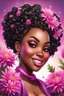 Placeholder: Create a airbrush cartoon art style image of a curvy black female looking down with a smile on her face. Prominent makeup with hazel eyes. Highly detailed messy curly bun with a hair scarf on her head with large pink knapweed flowers surrounding her. 2k