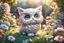 Placeholder: cute chibi 3D photorealistic antropomorph cat owl in a flowergarden in sunshine, ethereal, cinematic postprocessing