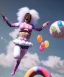 Placeholder: Ultra realistic speed clouds sky scene, wide angle view, sweet women falling down, inflatable color clothing, free jumping flying, many trinkets, hair monster. many jelly beans, balls, color smoke, smile, happy, circus style, extreme, wind, 20,000 feet altitude, stratosphere, soft color, highly detailed, unreal engine 5, ray tracing, RTX, lumen lighting, ultra detail, volumetric lighting, 3d, finely drawn, high definition, high resolution.