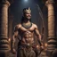 Placeholder: Hyper Realistic shirtless muscular handsome short black hair Indian King smiling wearing crown & holding bow & arrow in dark catacombs with traditional pillars at night