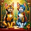 Placeholder: prompt, Fantasy harlequin cats by Louis Wain, by Catherine Abel, by Gediminas Pranckevicius, fantasy, oil on canvas, beautiful, high details, ultra detailed, crisp quality, colourful, high definition