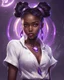 Placeholder: arcane tv show style, league of legends, solo, 1girl, attractive teenager, african, dark skin, dark-brown eyes, black hair, pair buns, violet strands of forehead bangs, necklace, earrings, modern makeup, (detailed skin texture), white oversize shirt