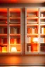 Placeholder: Book shelves in soft colors with white, red and orange colors, beautiful soft lighting 1920x1080