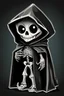 Placeholder: vinyl art toy skeleton in a black hooded cloak drawn in a retro mascot style, inside a light diamond shape on a black background, monochromatic