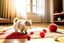 Placeholder: cute fluffy chibi beige cat playing with a giant plush red covid virus in a modern hall on a carpet in sunshine