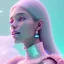 Placeholder: A portrait of a crystalised girl,smiling, laughting longs thin hairs white , atmospheric, realistic,, cinematic lighting, octane render,, pink turquoise light, white skin, pink atmosphere